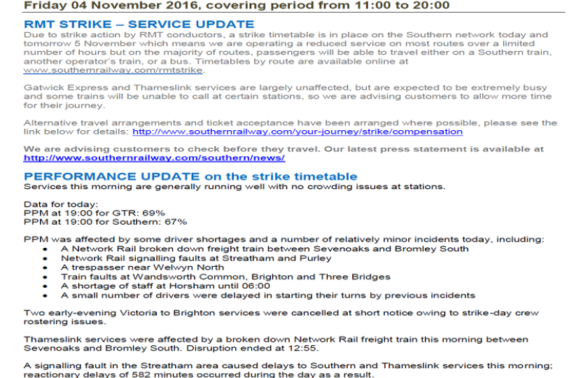 GTR Performance Update: Monday 31 October - Friday 4 November